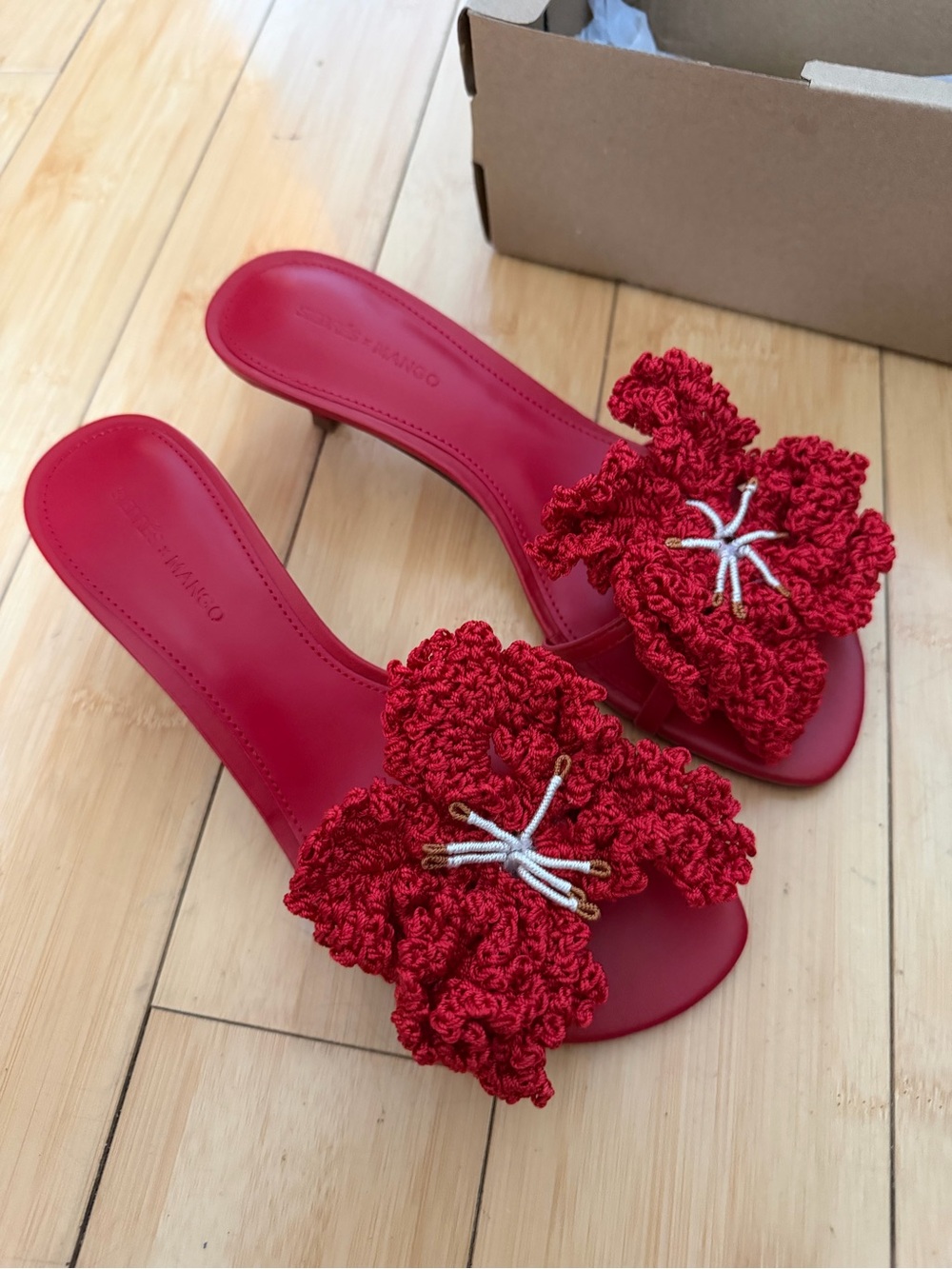 Mango x Siedres Red Crochet Flower Kitten Heels
